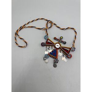 Maasai Beaded Statement Necklace Tribal Cross Pendant Button Metal‎ Disc Detail